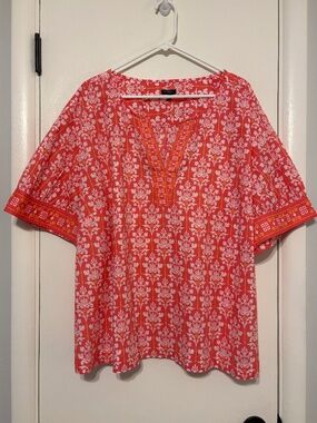 Talbots Women's Plus S/S Floral Print V-Neck Popover Shirt Top Blouse 3X Coral